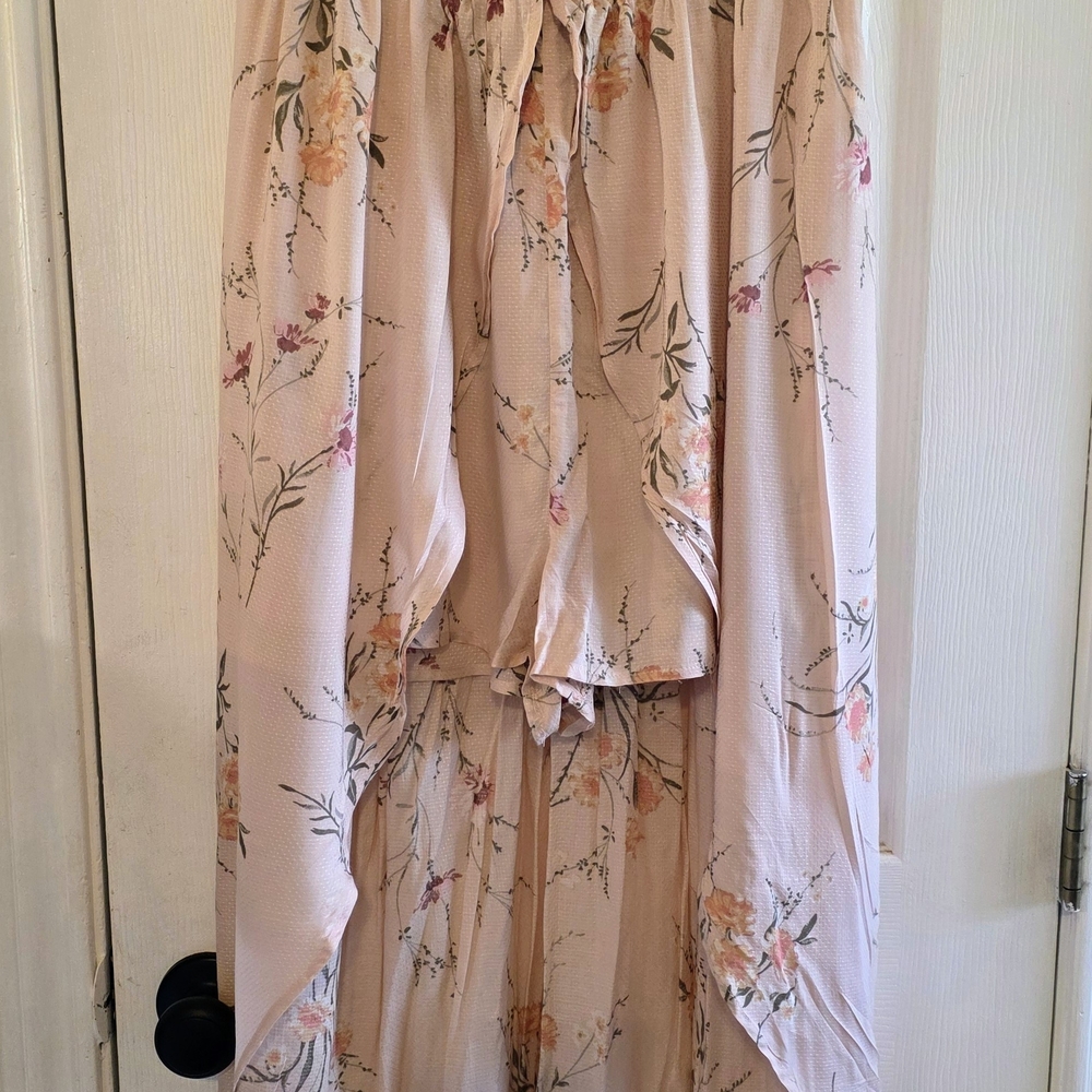 Elegant Floral High-Low Romper Strapless Dress in Soft Pink